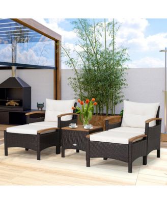 5 Piece  PE Wicker Lounge Chair Outdoor Patio Rattan Furniture Set w/ Wood Tabletop Cushions
