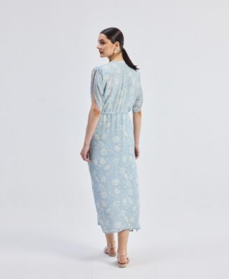 Women's Maxi Gathered Dress in Blue Florals