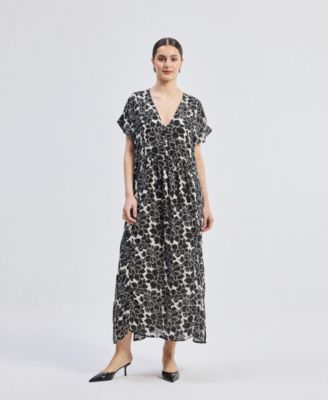 Women's Deep V-neck Maxi Dress with Front Gathers in Black Florals