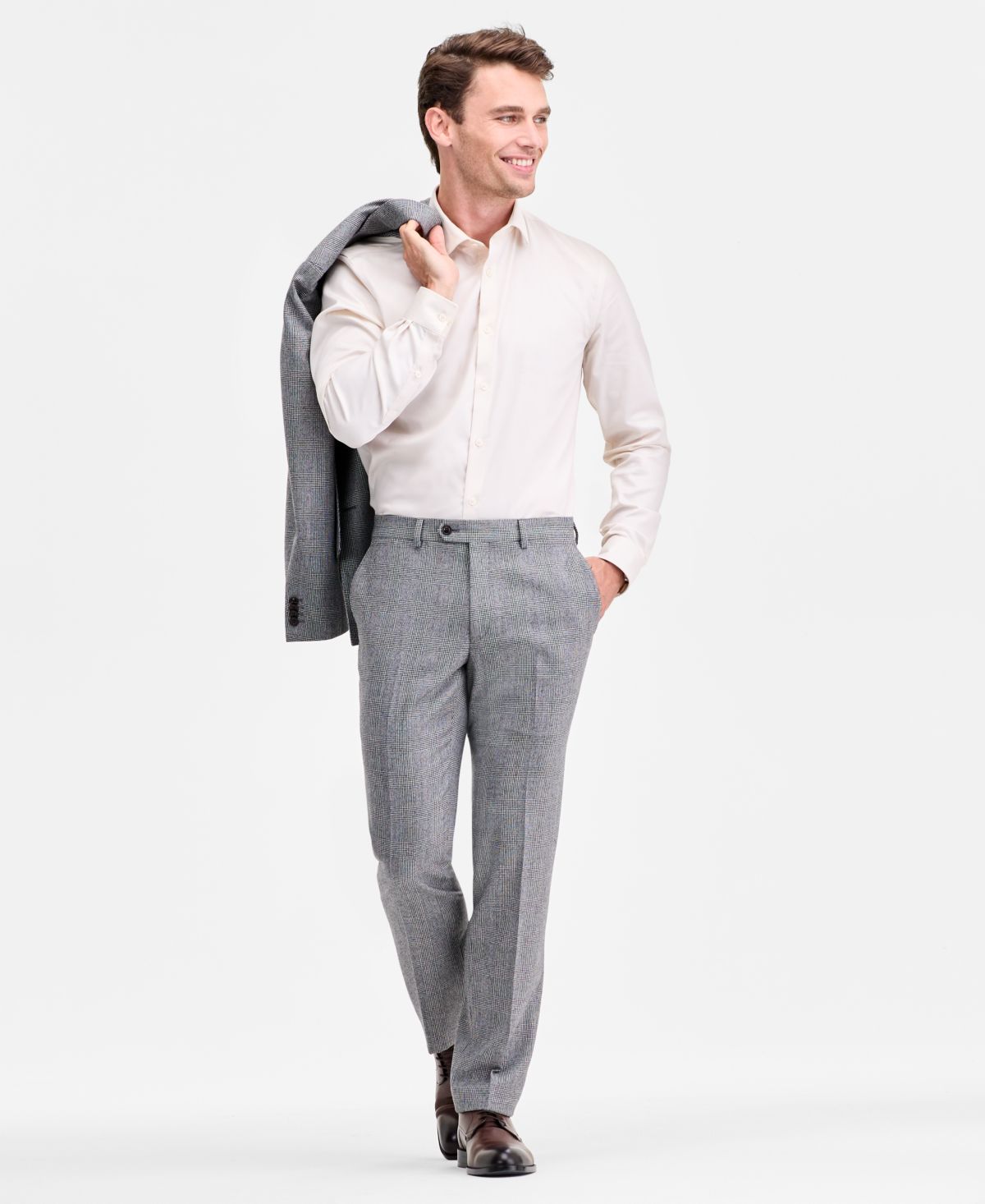 Мужской стрейчевый черно-белый костюм из смеси шерсти современного кроя с раздельными брюками