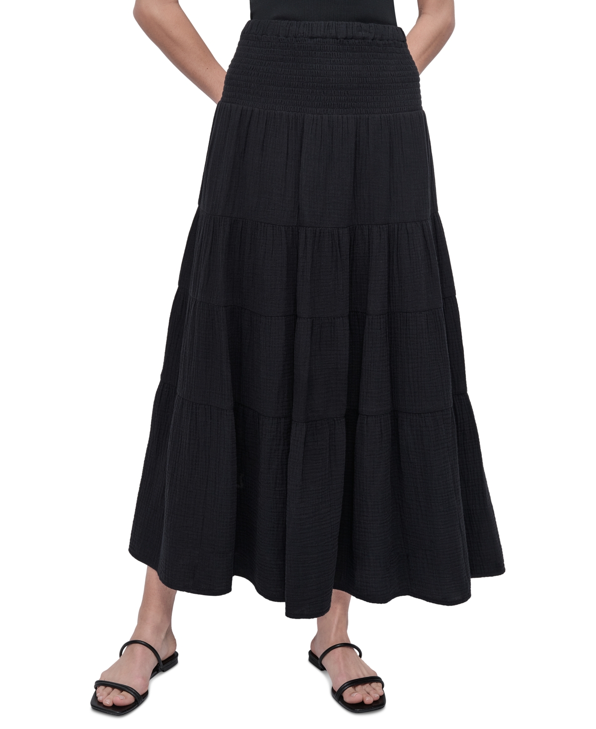 DKNY JEANS PETITE COTTON SMOCKED-WAIST TIERED MAXI SKIRT 
