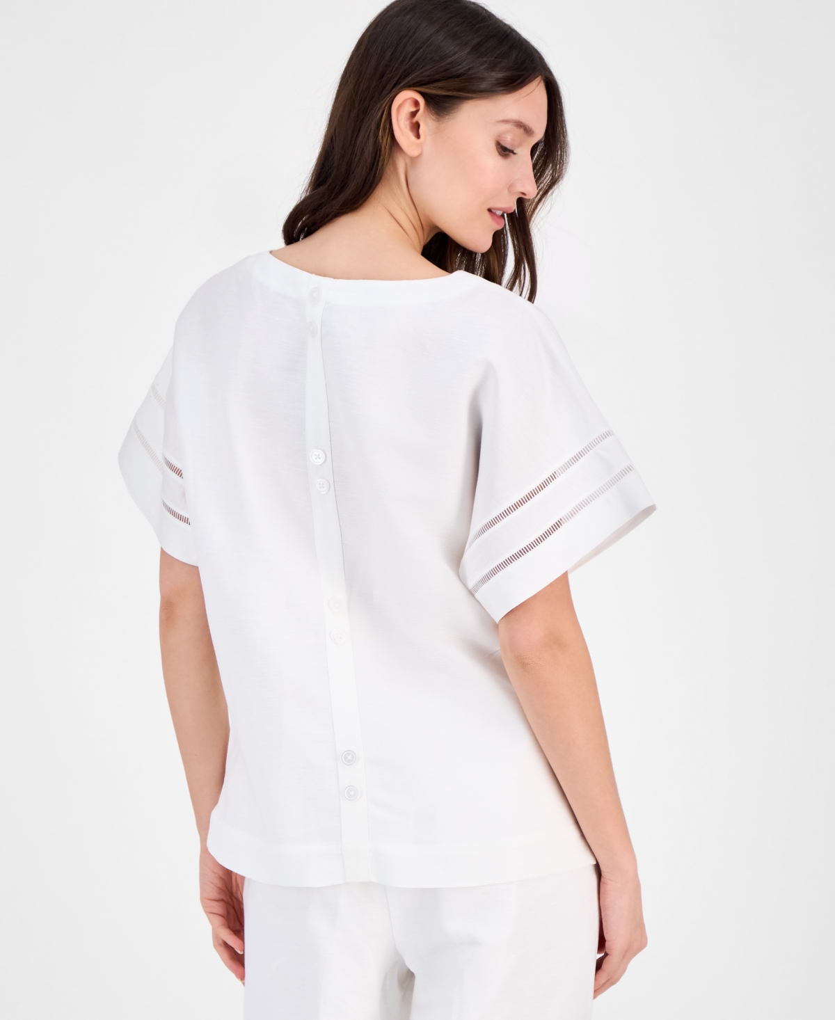 Anne Klein Ladder Stitch Inset Linen Blend Top In Bright White