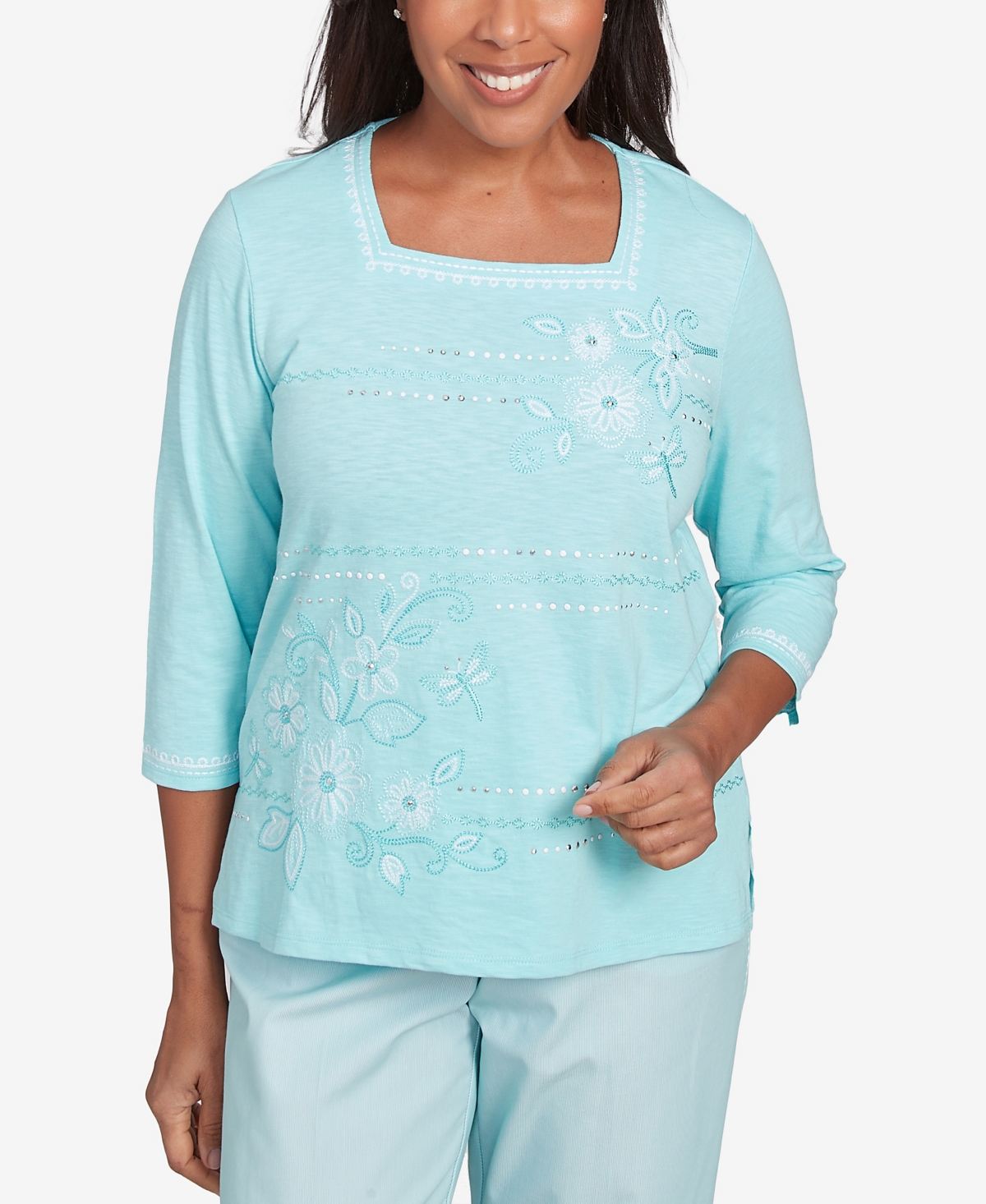 Alfred Dunner Plus Size St. Thomas Asymmetrical Dragonfly Embroidery Top In Blue