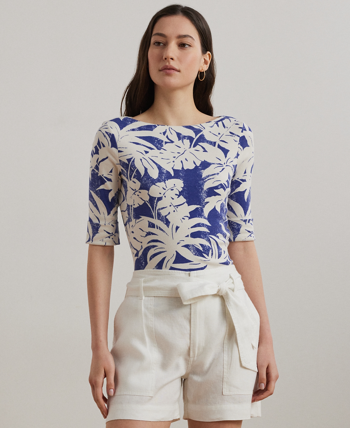 Petite Palm-Frond-Print Cotton Boatneck Tee - Blue White