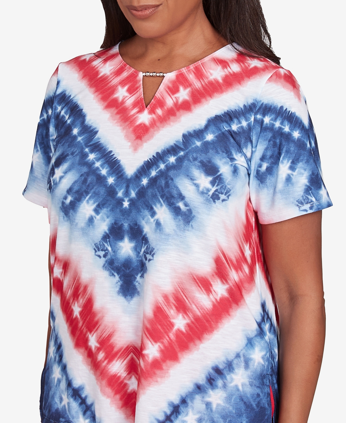 Alfred Dunner Petite Land Of The Free Tie Dye American Chevron Short Sleeve Top In Multi Red