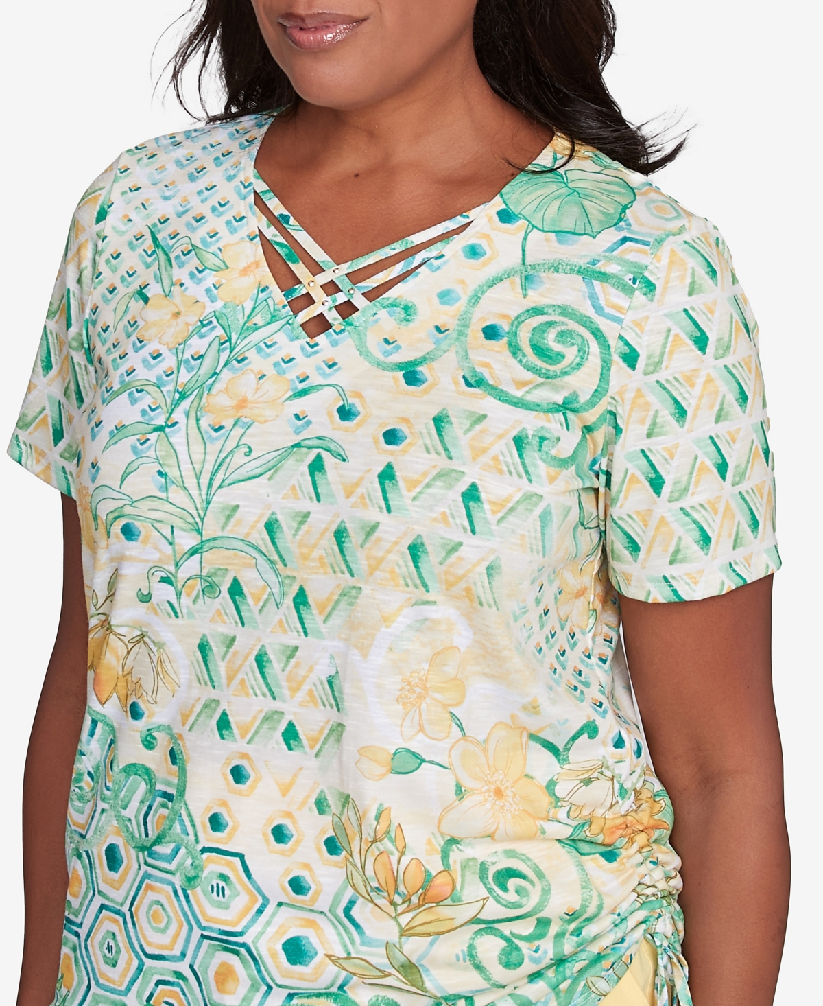 Alfred Dunner Petite Rise Shine Tropical Geometric Patchwork Top In Lime Multi