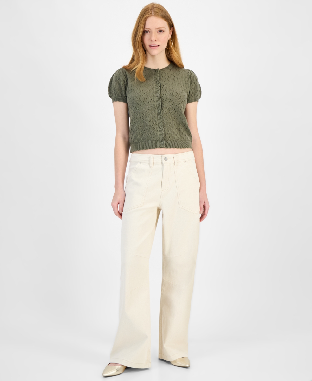 And Now This Petite Pointelle-knit Button-front Cardigan, Exclusively At Macy's In Crushed Oregano