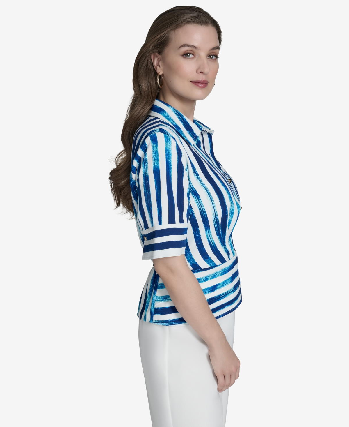 HALSTON WOMEN'S STRIPED COLLARED BUTTON-FRONT SHIRT 