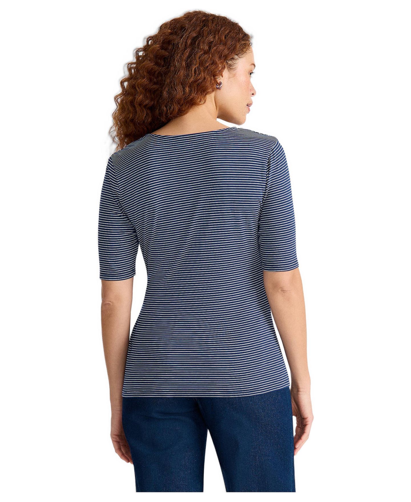 Женская блузка Lands' End Elbow Sleeve Lightweight Jersey Side Tie, цвет: Морской тёмно-синий полосатый — фото 3