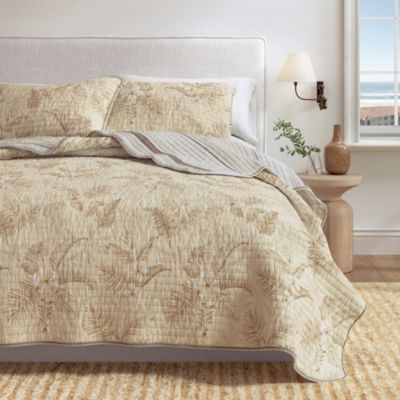 Cotton Stitched Reversible Tropical Palm Quilt and Sham Set