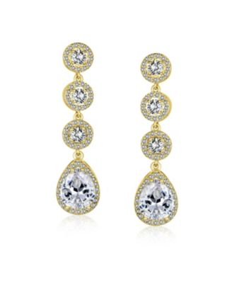 Classic Jewelry Fashion Statement Triple Round Pave CZ Halo Long Linear Pear Shape Dangle Teardrop Chandelier Earrings Plated