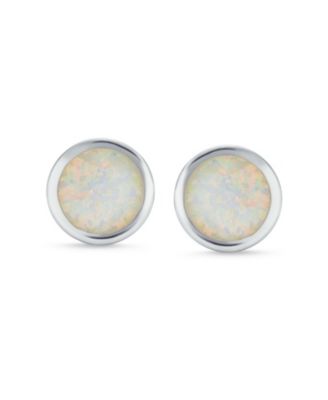 Classic Simple Iridescence Bezel Setting Flat Round Circle Created White Opal Stud Earrings .925 Sterling Silver Large 9MM