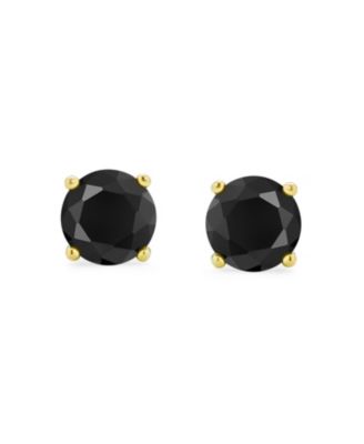 2CT Black Round Stud Earrings Cubic Zirconia Solitaire CZ Gold Plated .925 Sterling Silver 8MM