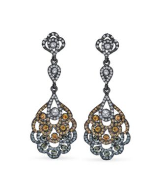  Estate Style Dangling Holiday Party Long Lace Flower Pink Black White Crystal Chandelier Statement Earrings Black Plated