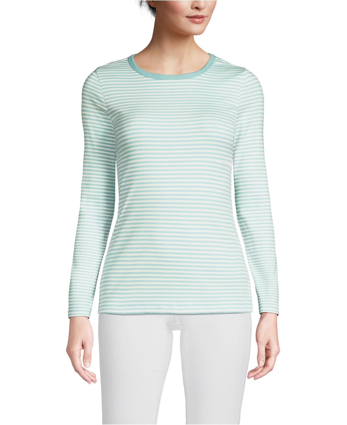 Lands' End Women's Tall Long Sleeve Micro Rib T-Shirt - Misty aqua mini stripe