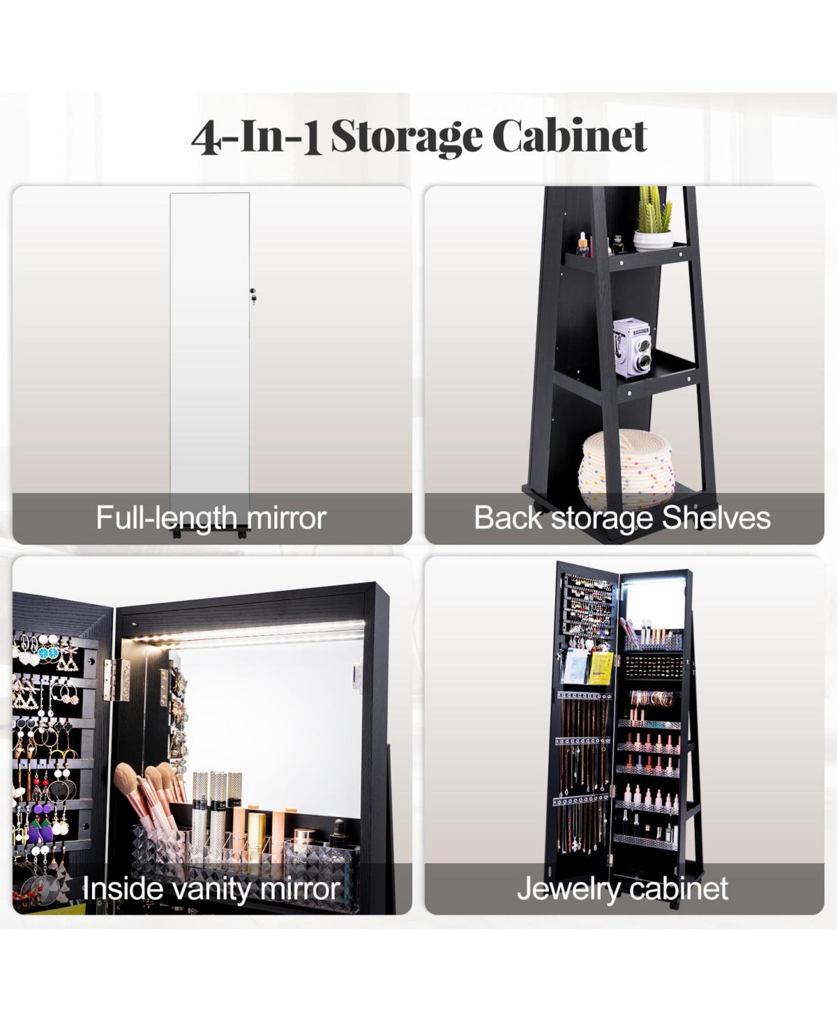 64 Inches Lockable Jewelry Cabinet Armoire with Built-in Makeup Mirror