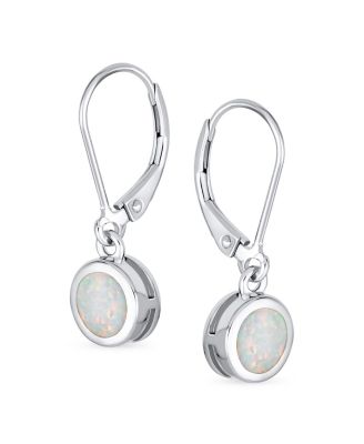 Bezel Round Circle Solitaire White Created Opal Dangle Lever Back Earrings .925 Sterling Silver
