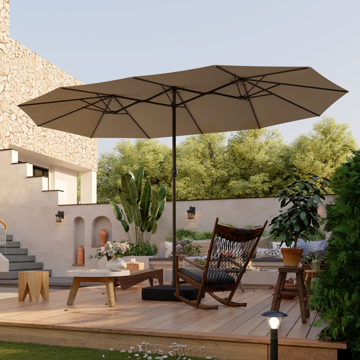 15 ft. Large Market Double Sided Umbrella Outdoor Patio Umbrella in Blue with Crank Handle, for Poolside Lawn Garden - Beige
