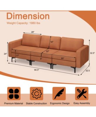Convertible Leather Sofa Couch with Magazine Pockets 3-Seat with 2 USB Port