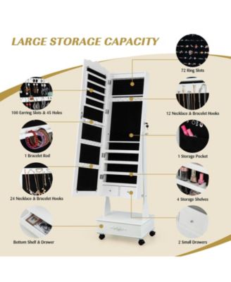 Rolling Floor Standing Mirrored Jewelry Armoire with Lock and Drawers