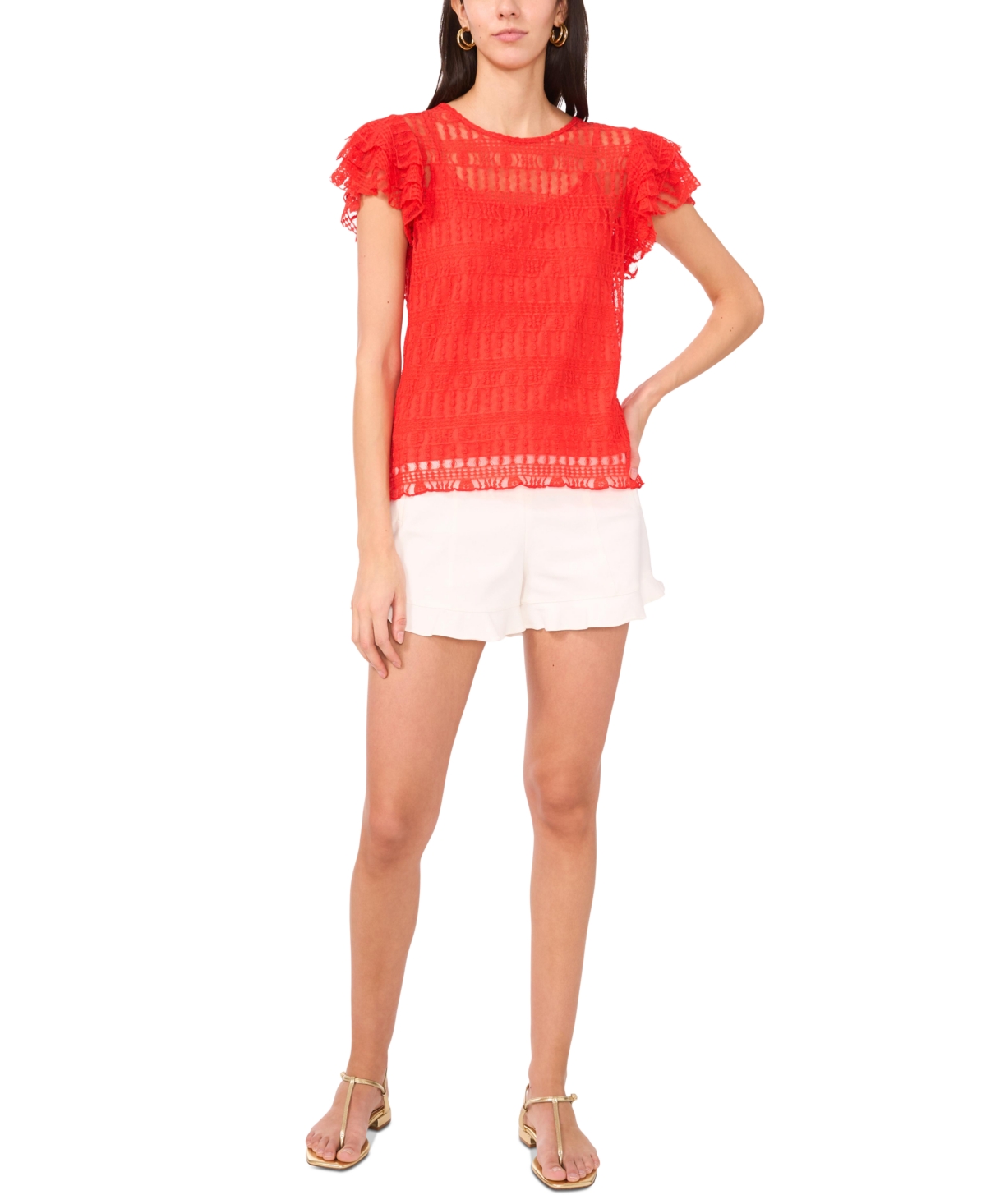 Vince Camuto Ruffle Sleeve Textured Mesh Top In Cayenne