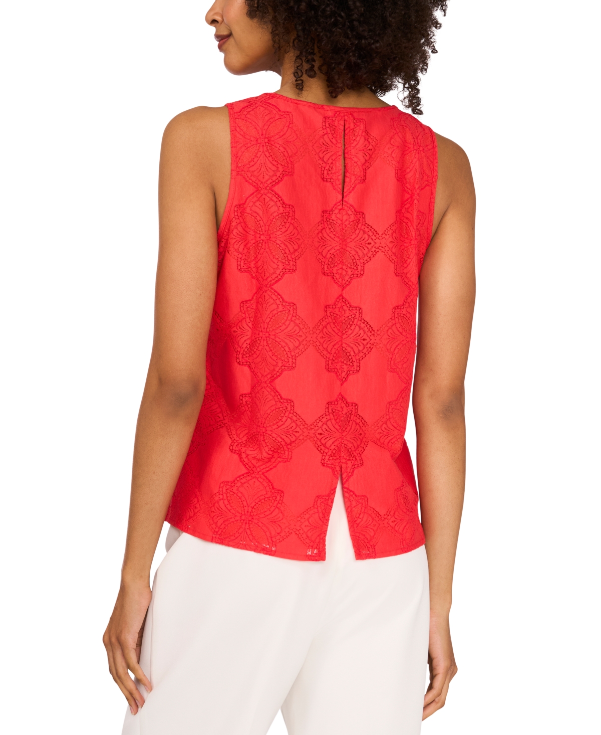 Vince Camuto Lace Cotton Blend Keyhole Tank In Cayenne