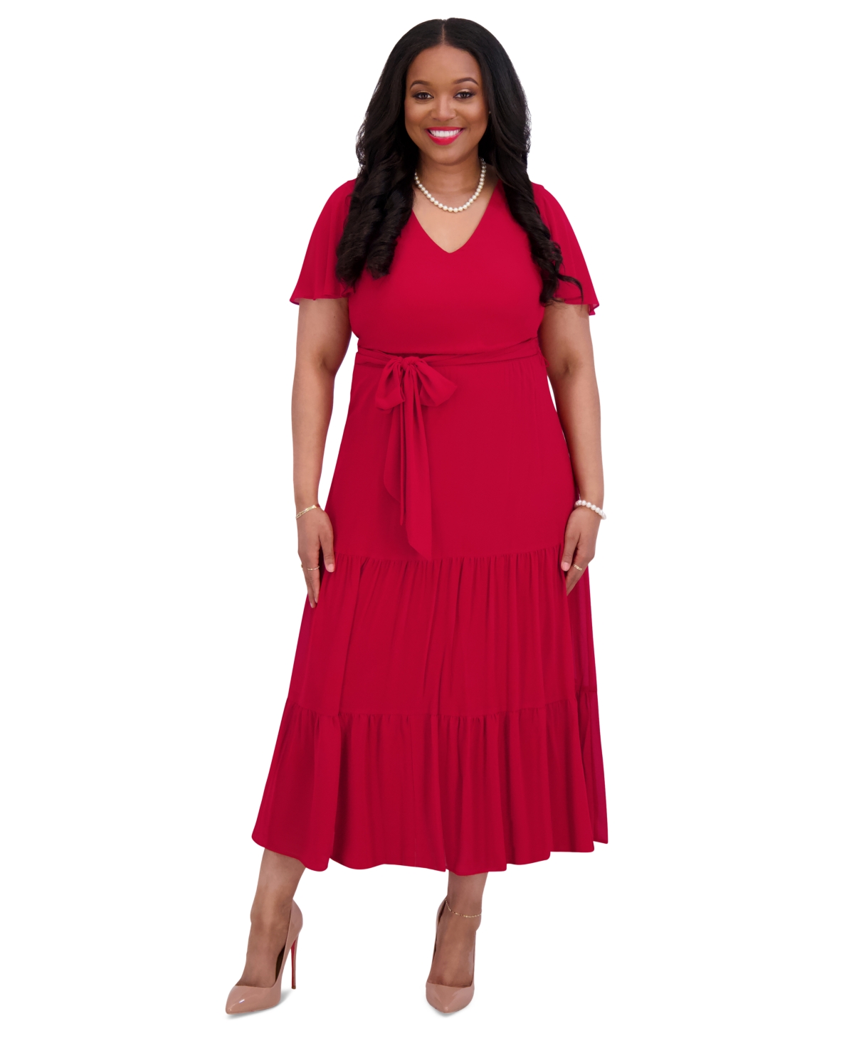Kasper Women's V-neck Flutter-sleeve Maxi Dress, Regular & Plus Sizes In Crimson