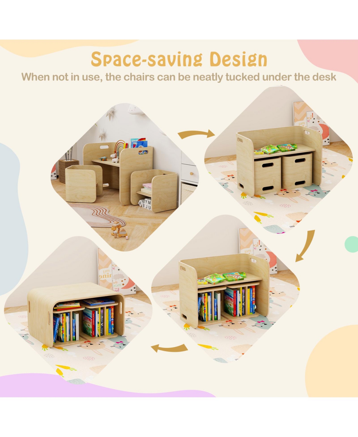 3 Pieces Kids Wooden Table and Chair Set