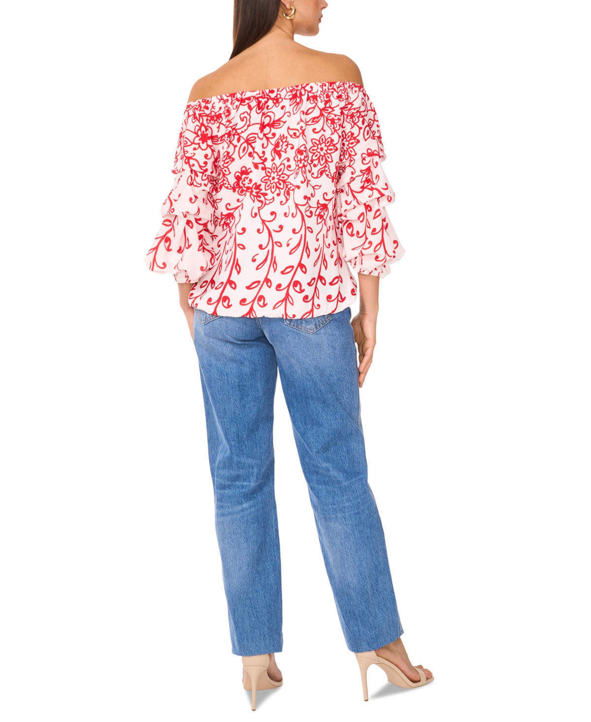 Shop Vince Camuto Women's Floral Off The Shoulder Bubble Sleeve Tie Front Blouse In Ultra Red