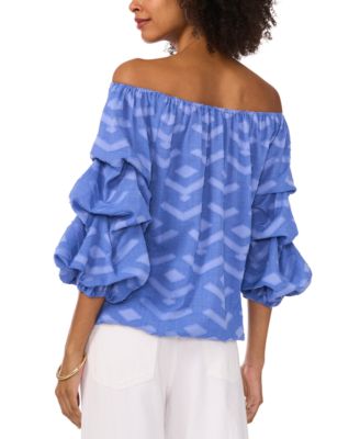Women's Textured Off-The-Shoulder Bubble 3/4-Sleeve Tie-Front Blouse