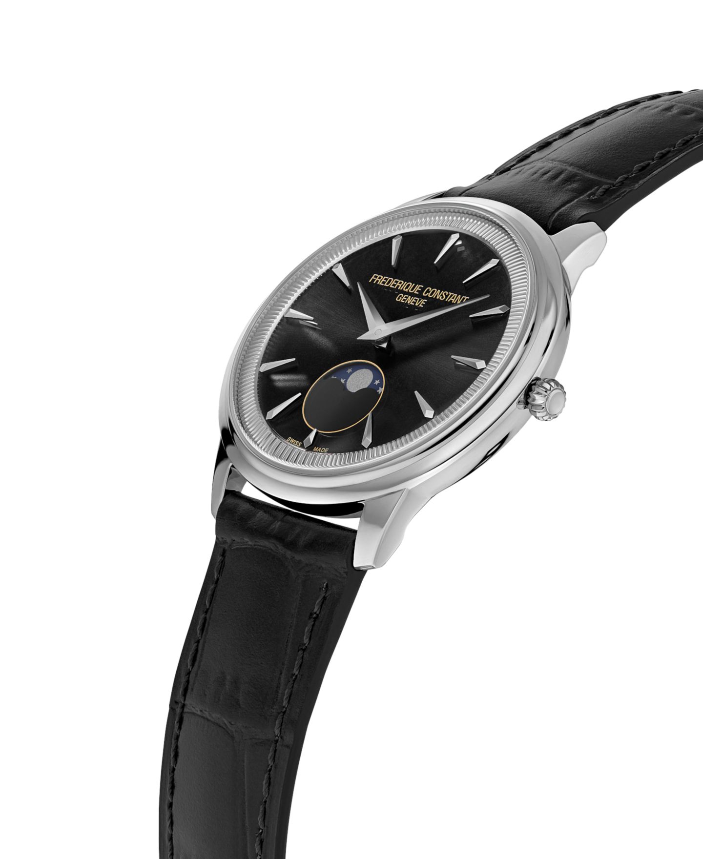 Мужские часы Frederique Constant Swiss Moneta Moonphase Black Leather Strap Watch 37mm — фото 2