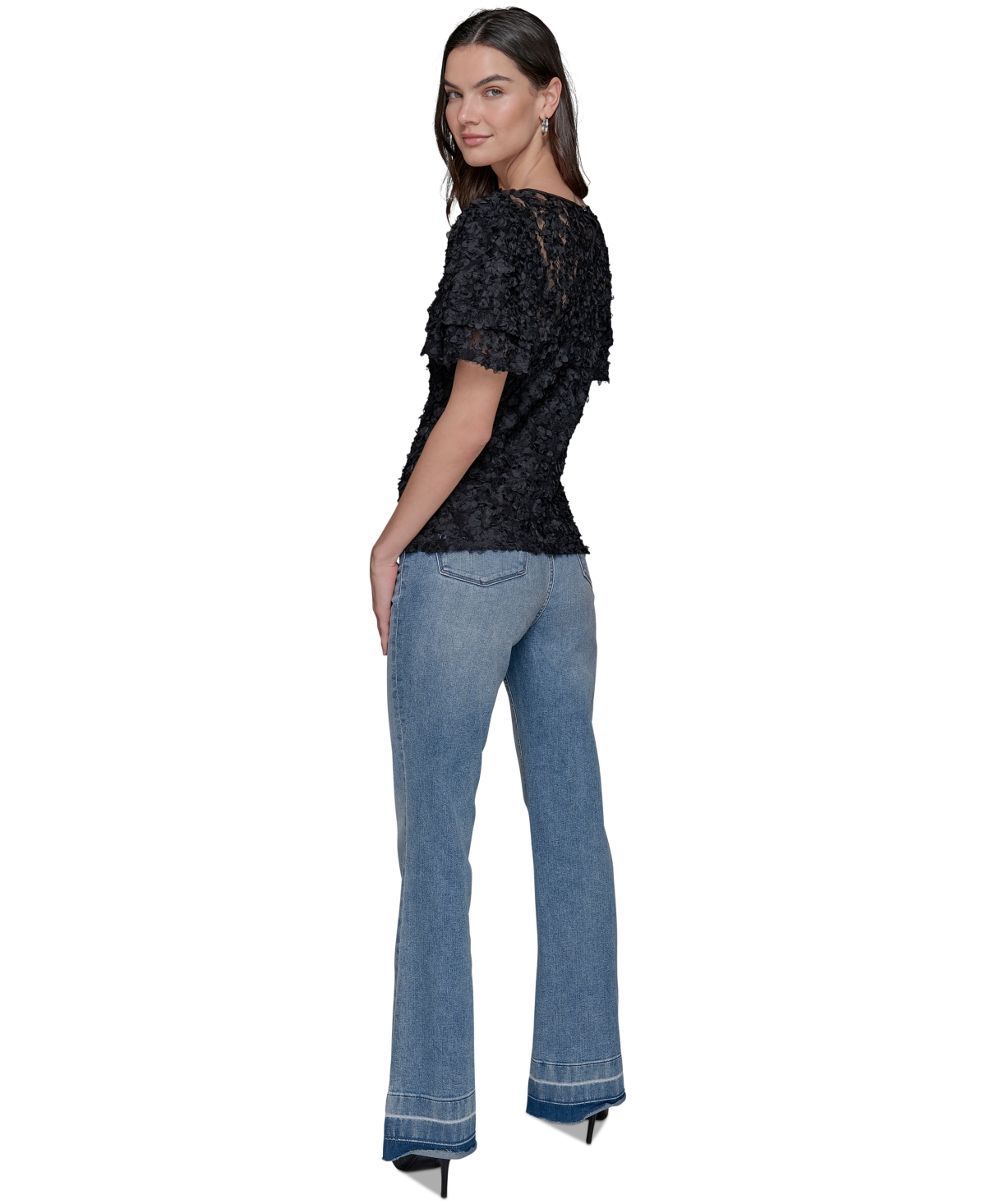 Karl Lagerfeld Women's Ruffled-sleeve Lace Top In Black