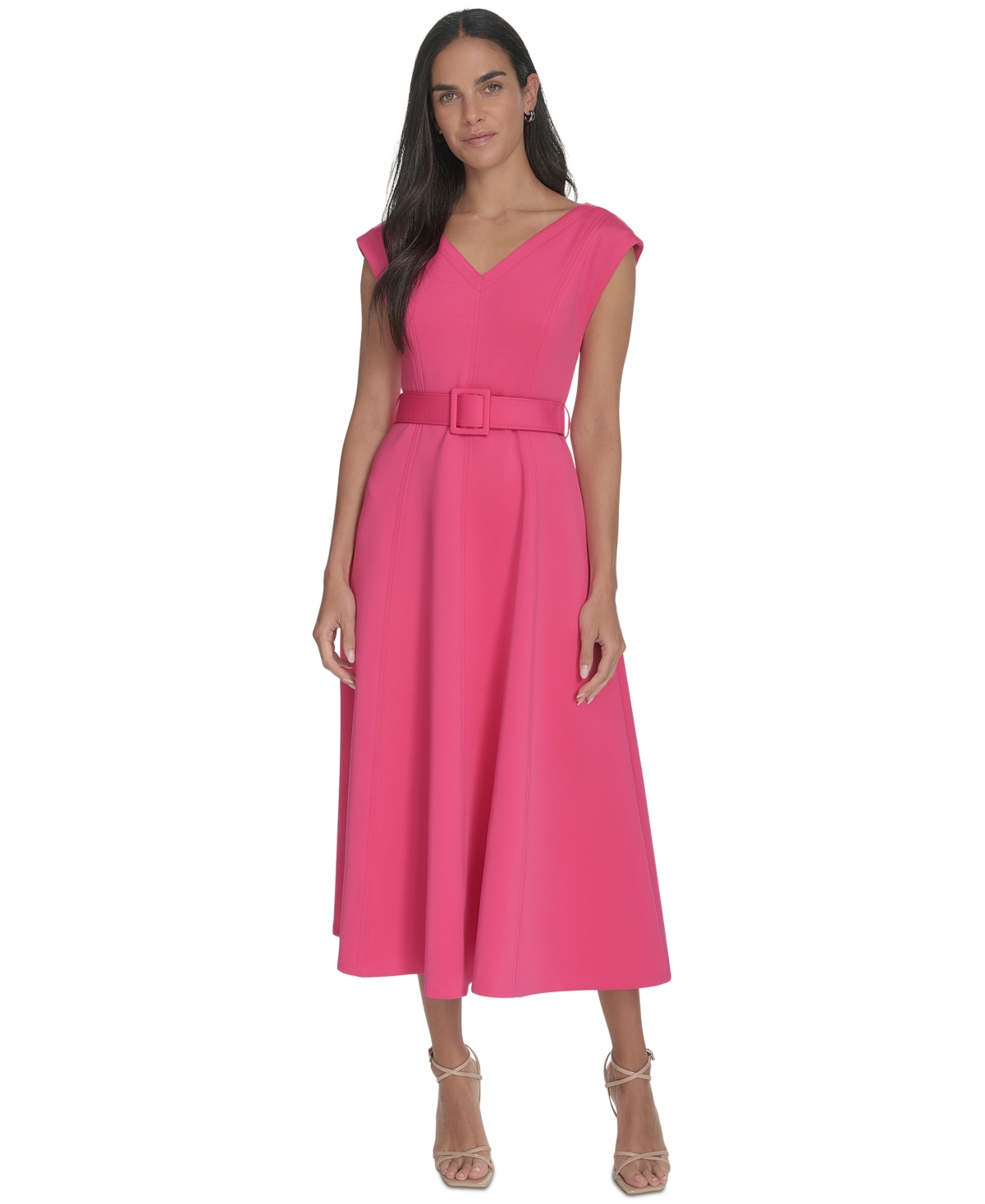 Calvin Klein Women's V-neck Belted A-line Scuba Dress In Hibiscus