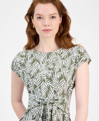 売れ筋商品|||カスパー カットソー トップス レディース Plus Size Printed Tie-Waist Cap-Sleeve Top Olive Leaf/Vanilla Ice