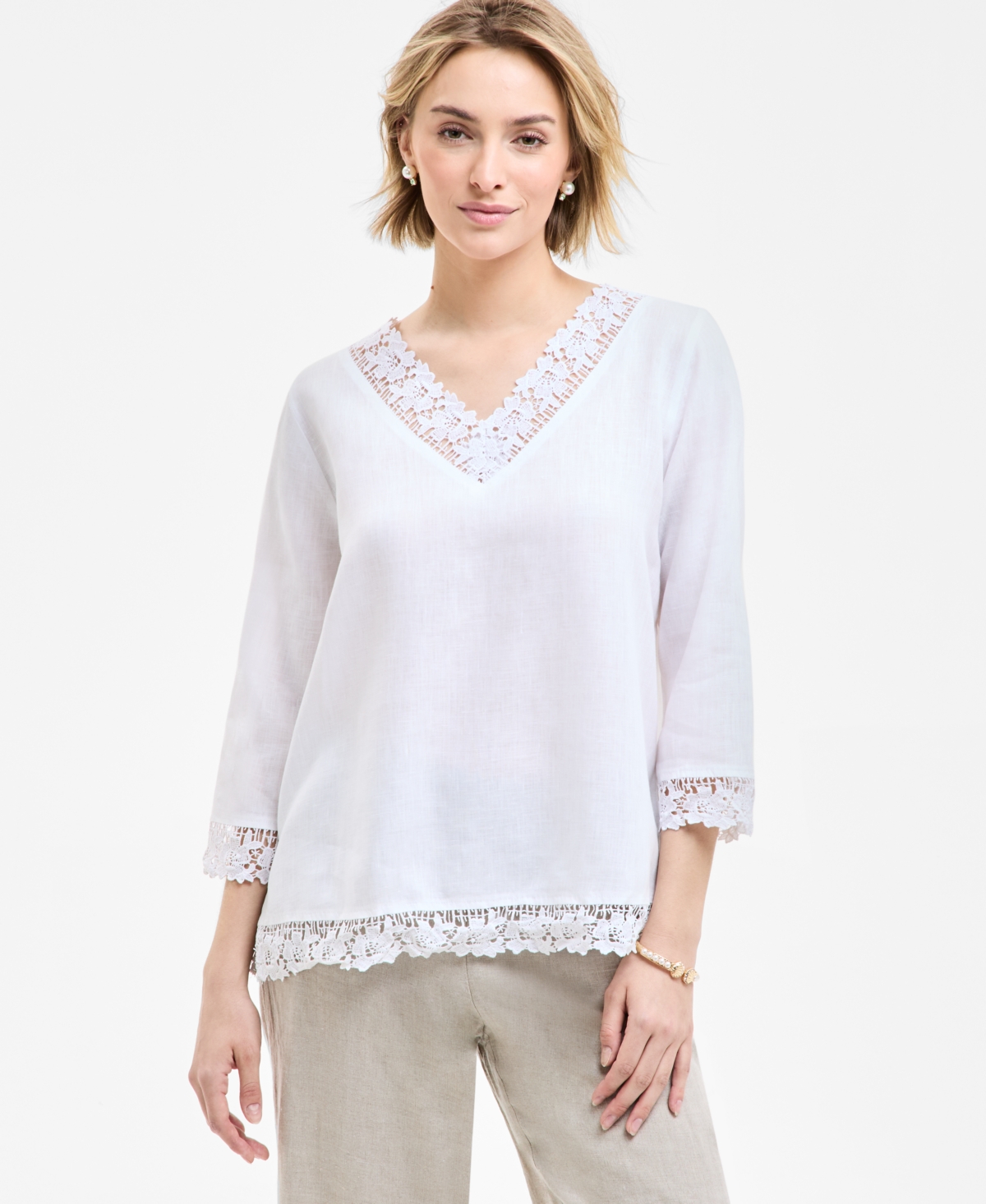 CHARTER CLUB WOMEN'S 100% LINEN LACE-EDGE 3/4-SLEEVE TOP, EXCLUSIVELY AT MACY'S 