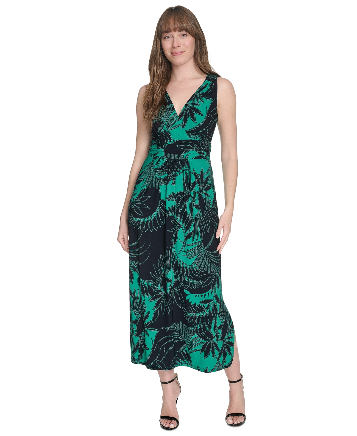 Tommy Hilfiger Women's Floral-print Sleeveless Ruched Dress In Sky Capatin,parakeet