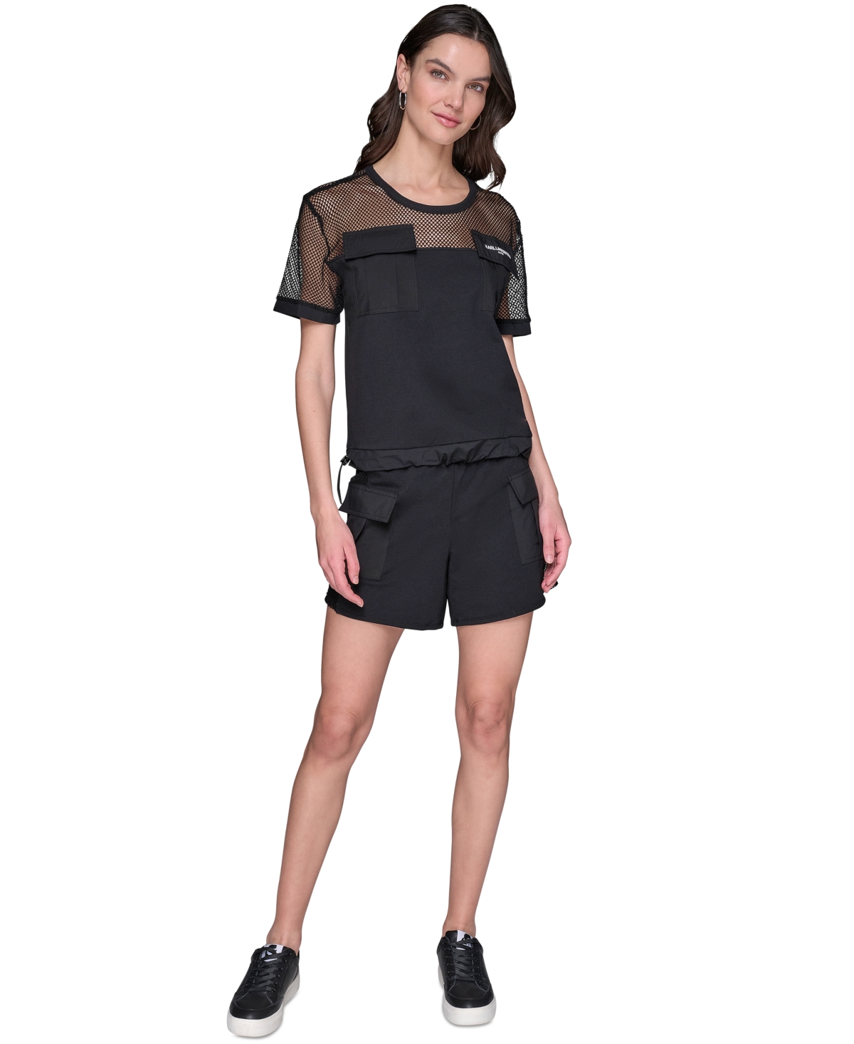 Shop Karl Lagerfeld Women's Mesh-trim Cargo Top In Black