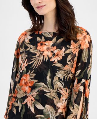 Women's Floral 3/4-Sleeve Poncho Blouse