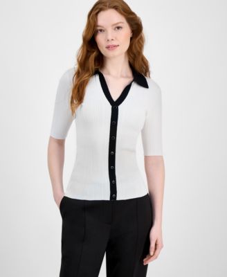 T Tahari - Women's Split-Neck Contrast-Trim Sweater