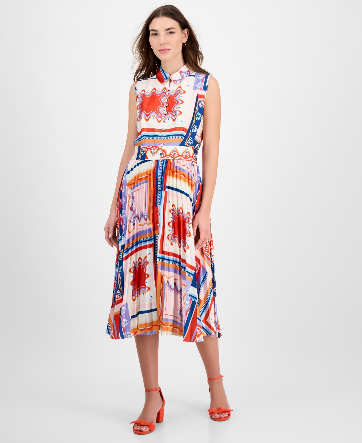 Women's Printed Pleated Midi Shirtdress - Como Tile Print