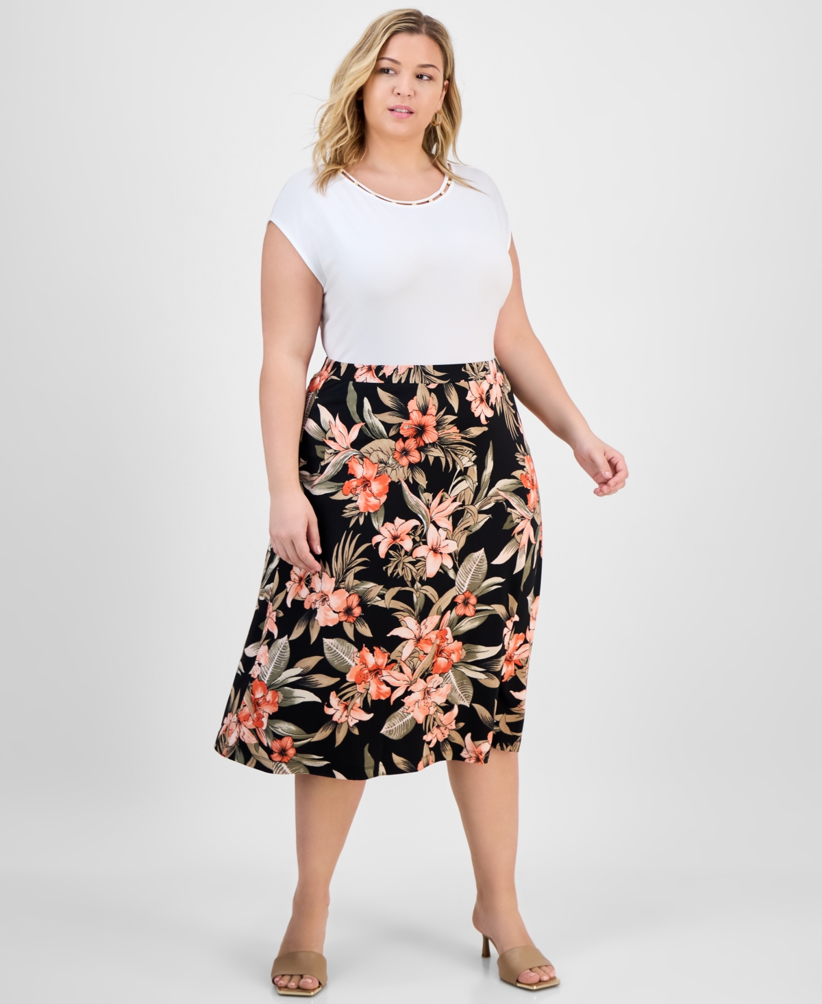 Plus Size Printed Pull-On Midi Skirt - Black Multi