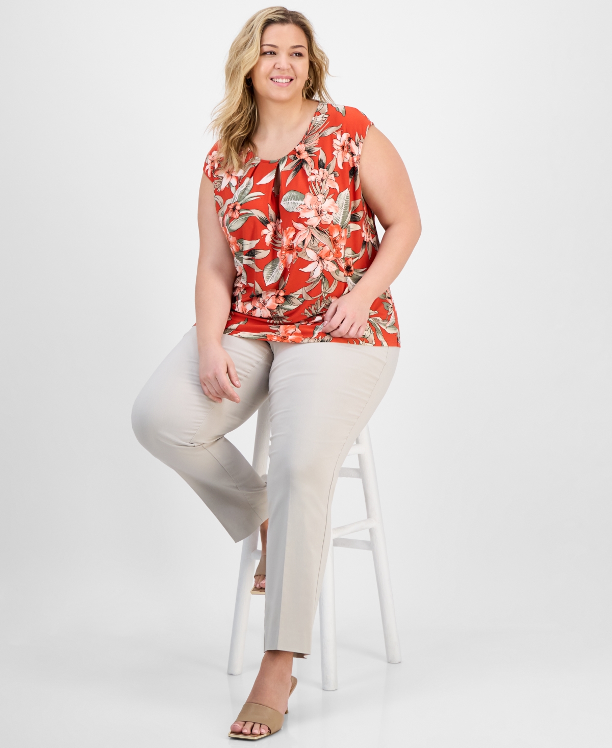 Kasper Plus Size Printed Keyhole Camisole Top