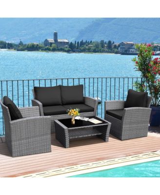 4 Piece Outdoor Furniture Set Patio Rattan Conversation Set w/ Cushions