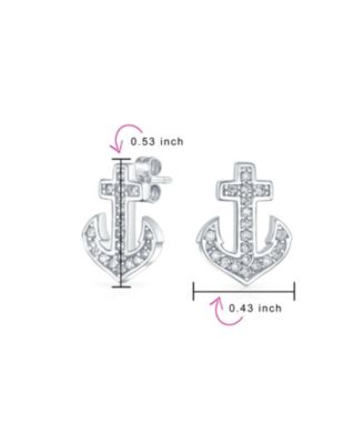 Whimsical Nautical CZ Stud Earrings with Boat Anchor, Pave Cubic Zirconia, Sterling Silver