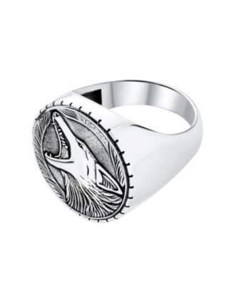 Hunter Animal Norse Viking Warrior Signet Fierce Roaring Big Wolf Head Coin Ring Oxidized .925 Sterling Silver