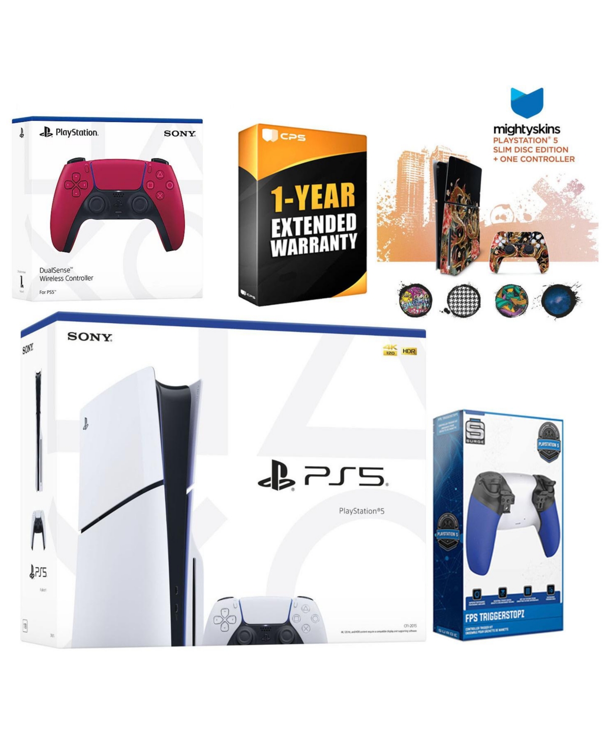 Sony Playstation 5 Slim Disc with Extra Controller, Trigger Stop Kit and MightySkins Decal Voucher + 1 Year Cps Extended Warranty - Cosmic red