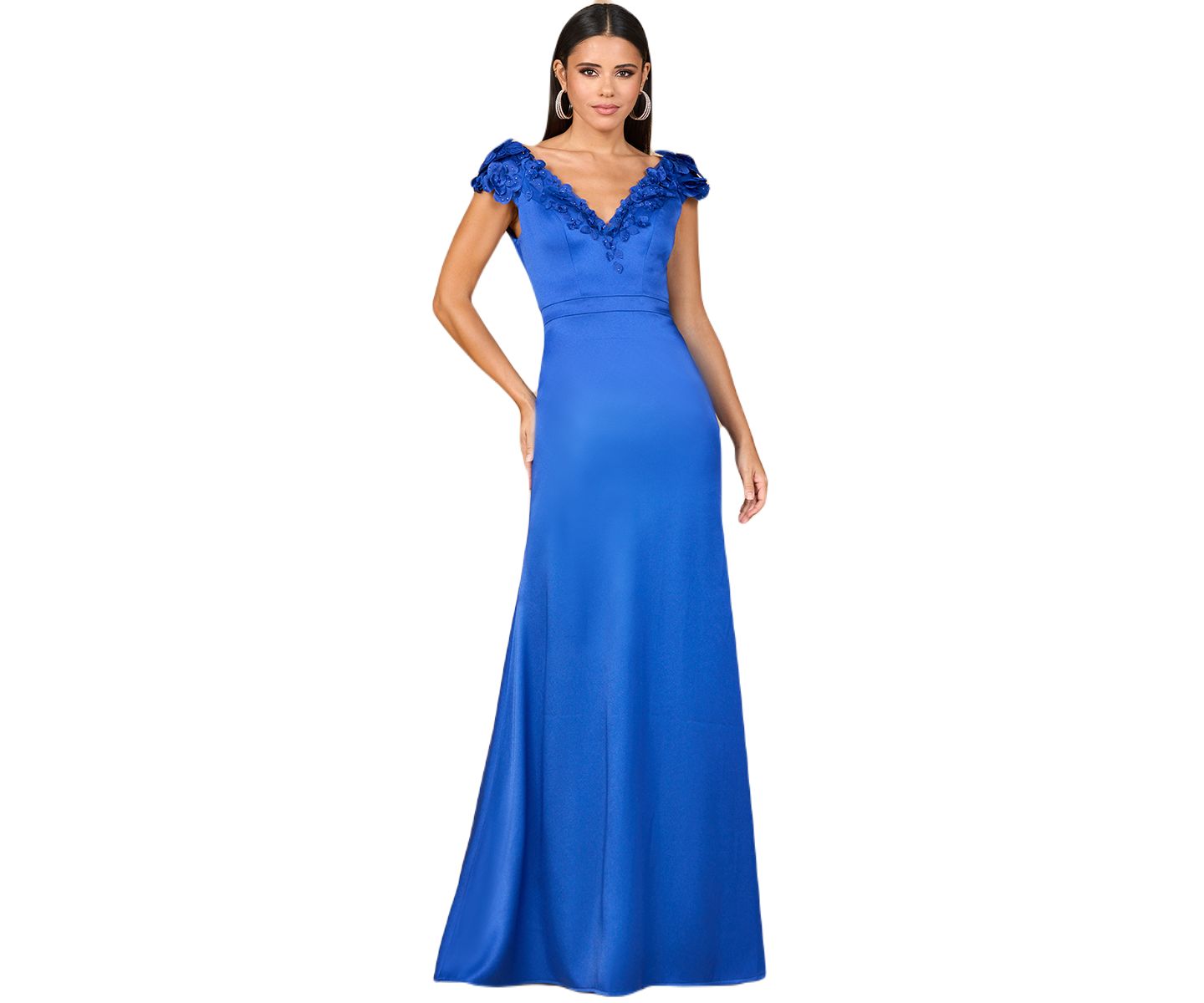 Женские платья Lara V-Neck, Satin Backed Crepe Gown, цвет: Королевский синий — фото 1