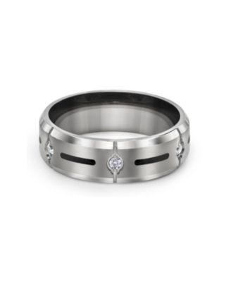 Black Inlay CZ Cubic Zirconia Accent Wide Band Ring Silver Tone Titanium