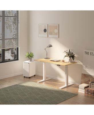 E7-COMMERCIAL 55  W Electric Adjustable Standing Desk, Curved Bamboo Top, White Frame