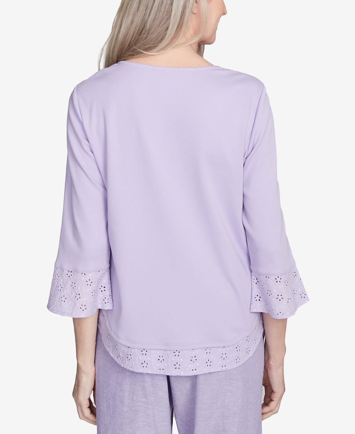 Alfred Dunner Plus Size Crystal Springs Floral Embroidered Eyelet Sleeve Top In Lilac
